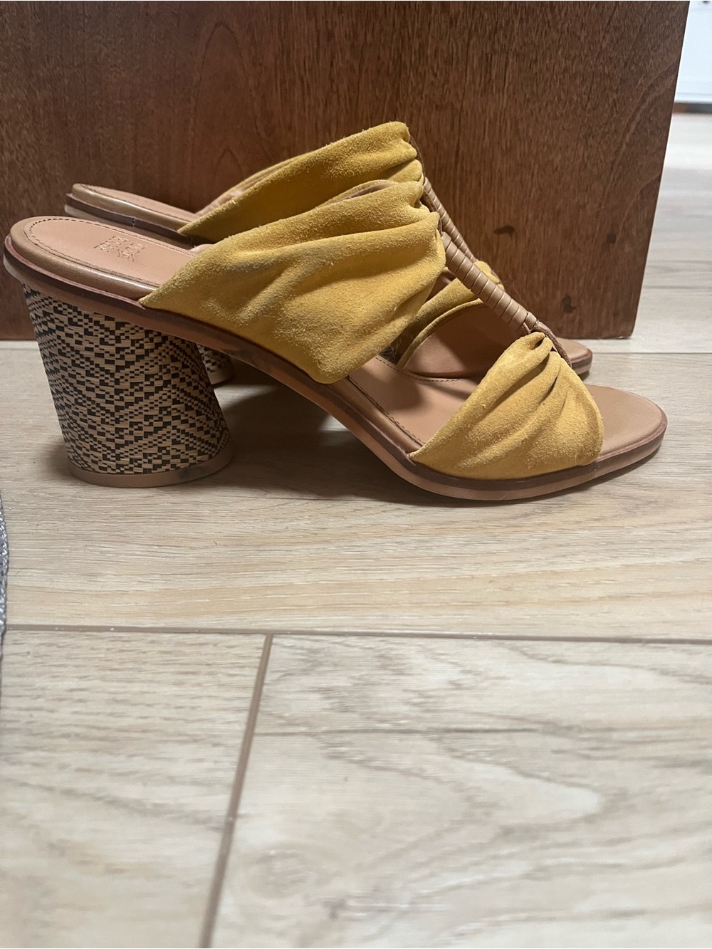 Frye Yellow Suede Ruched Block Heel Sandals - Women